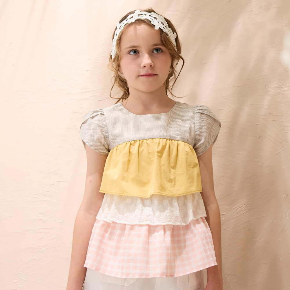 PIPPY花漾精靈多層波浪拼接純棉花苞袖上衣 黃