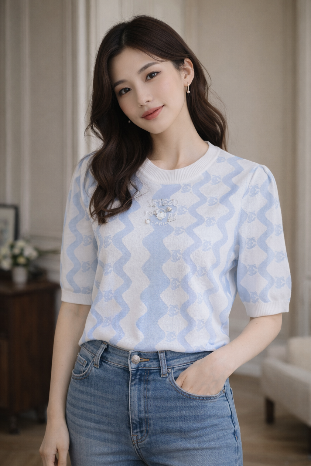 BD10203A1  晨霧藍紋珍珠針織上衣