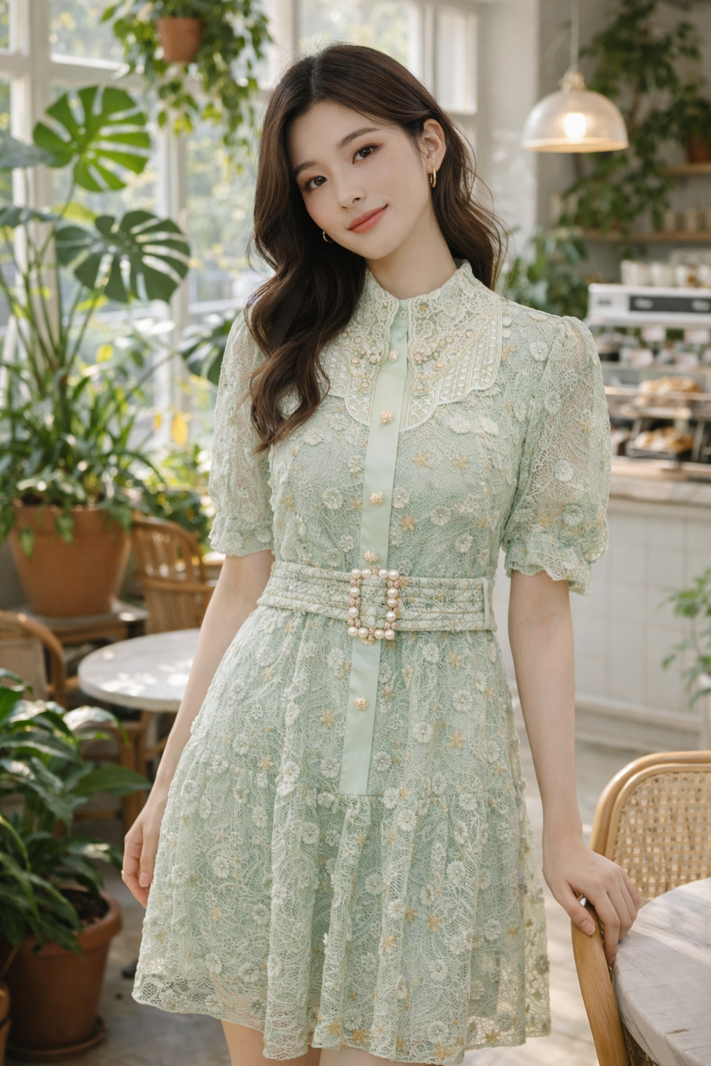 BC1EE162E1 綠境花語復古刺繡蕾絲收腰洋裝 (附本布腰帶)