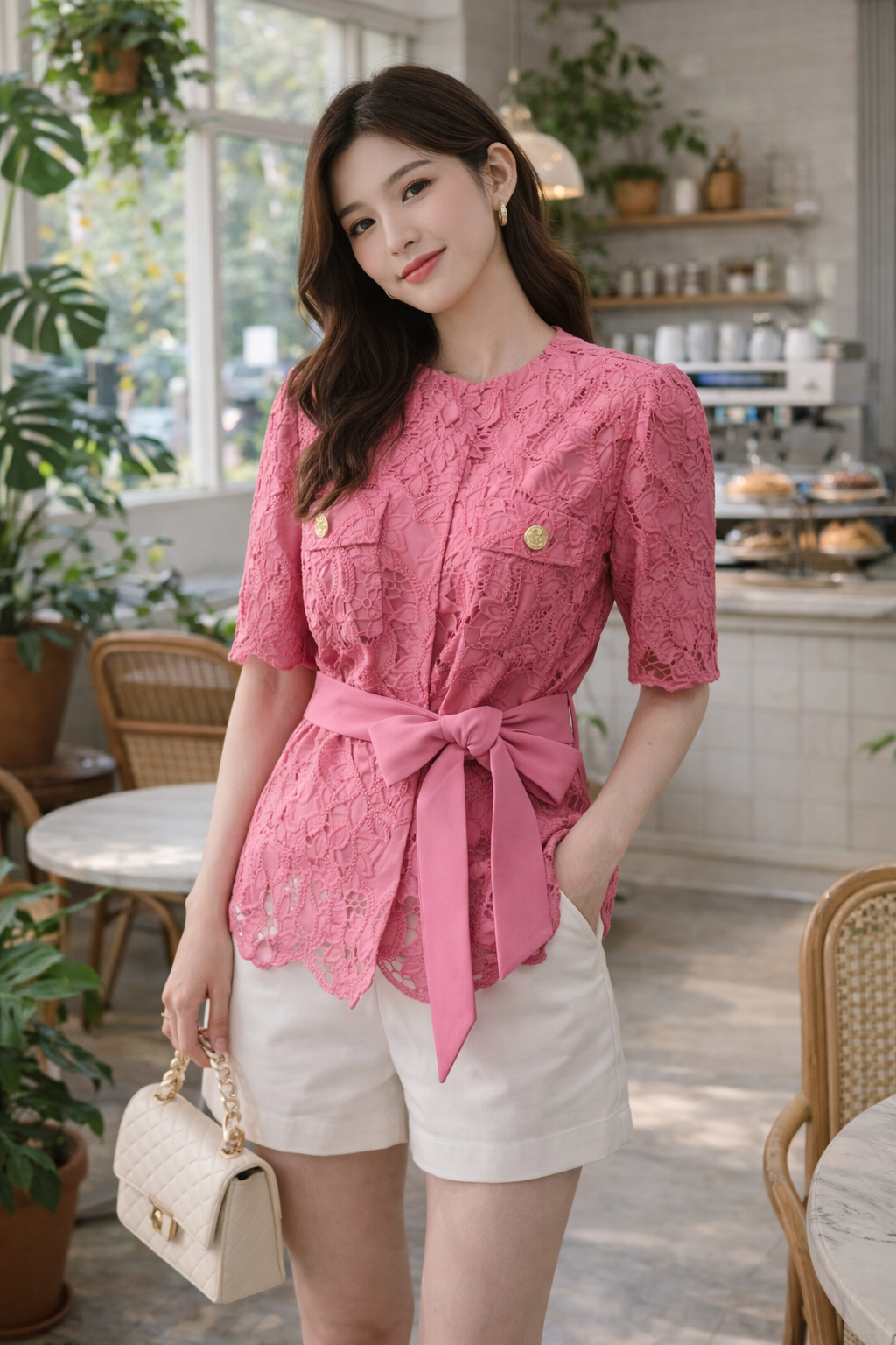 BC1EE136A1 午後漫遊獨家訂製立體蕾絲上衣 (附本布綁帶)