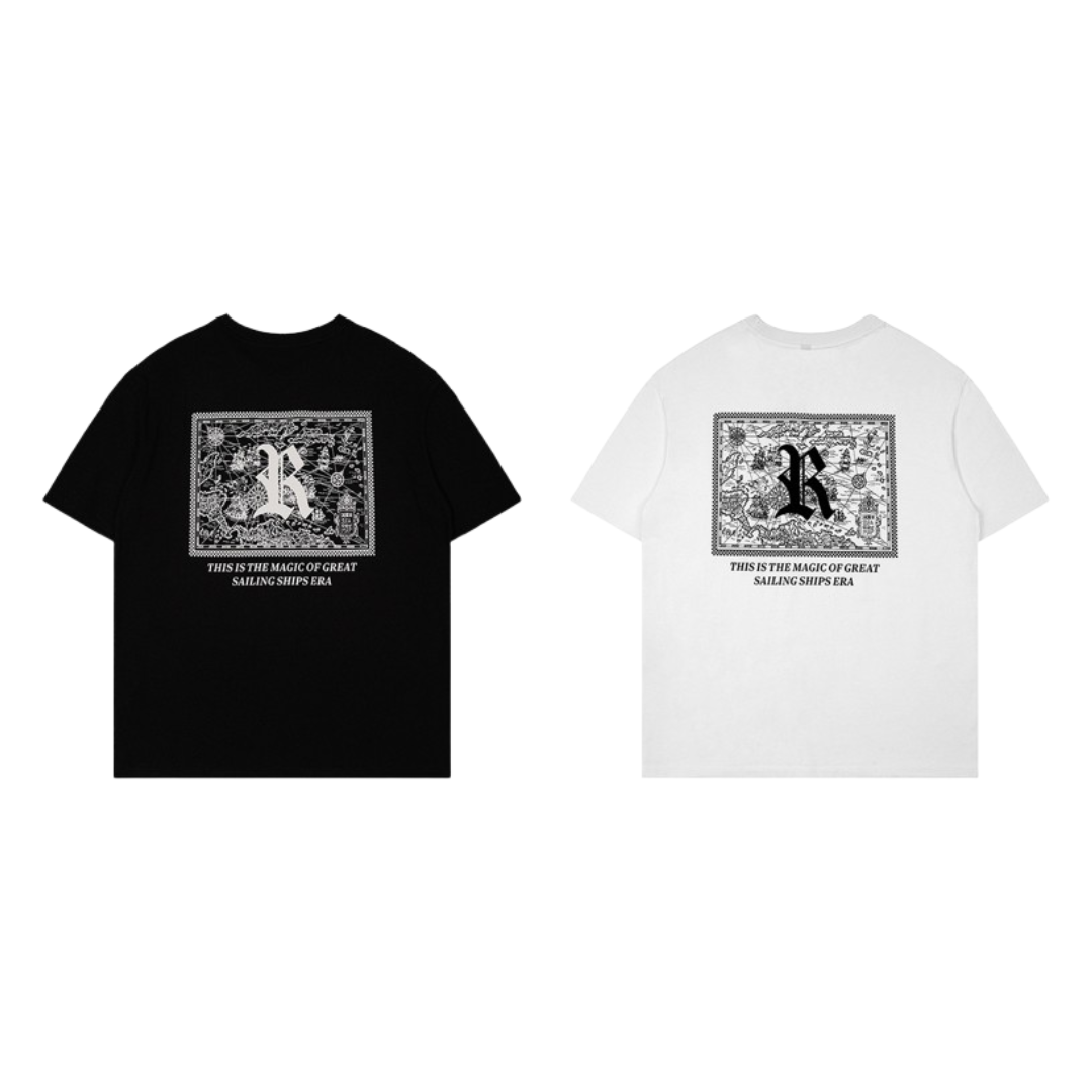 R.F.S.D 美式歌德字母地圖印花 重磅寬鬆短踢 SH-482