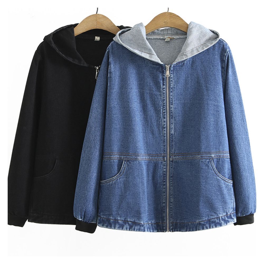 【ASister 小姊姊】AS0728#大尺碼外套☆*連帽拉鏈*Plus+牛仔外套(2色 XL-4XL)