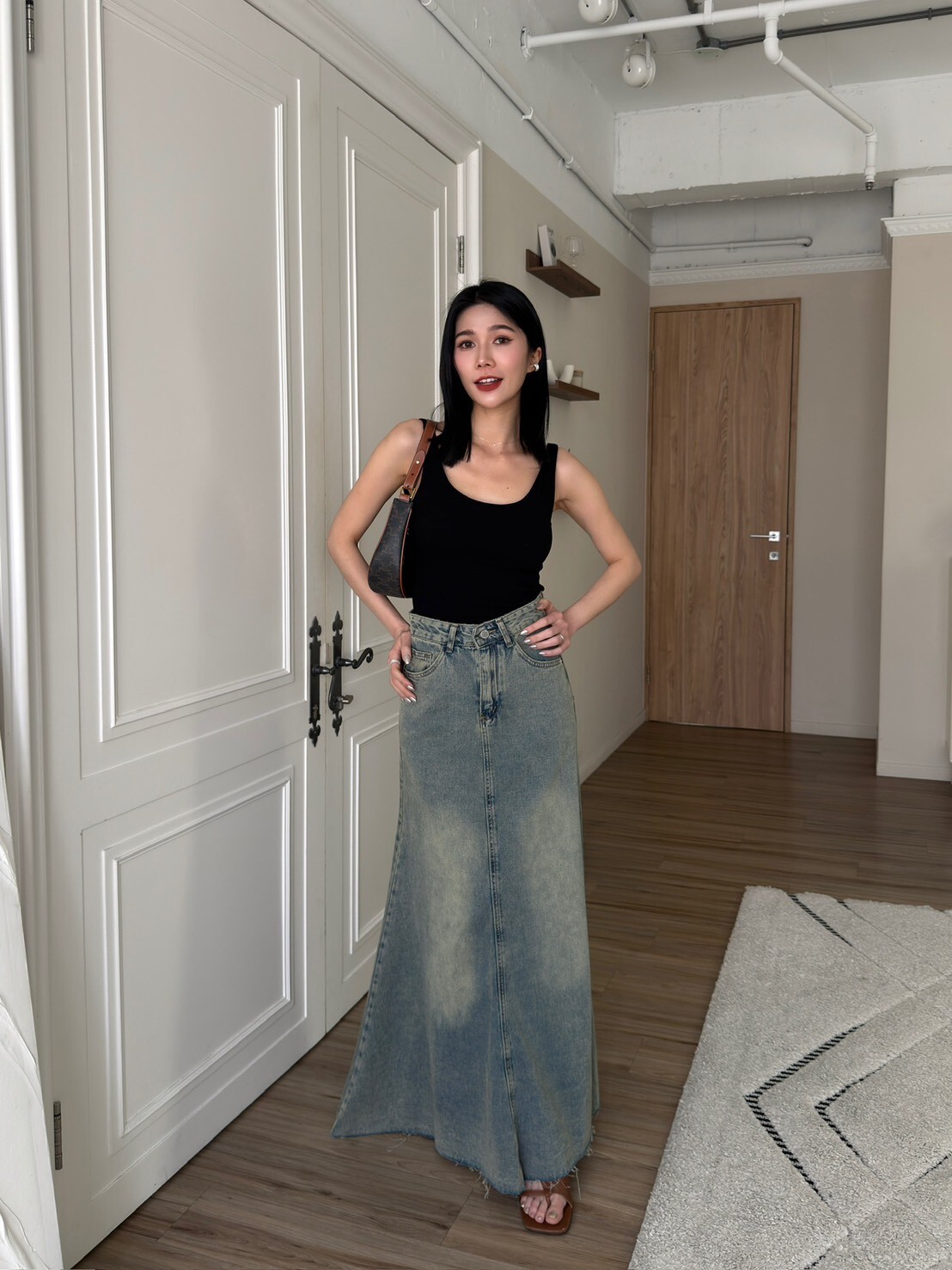 復古刷色傘狀牛仔長裙