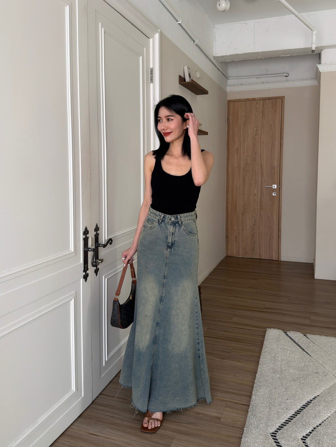 復古刷色傘狀牛仔長裙