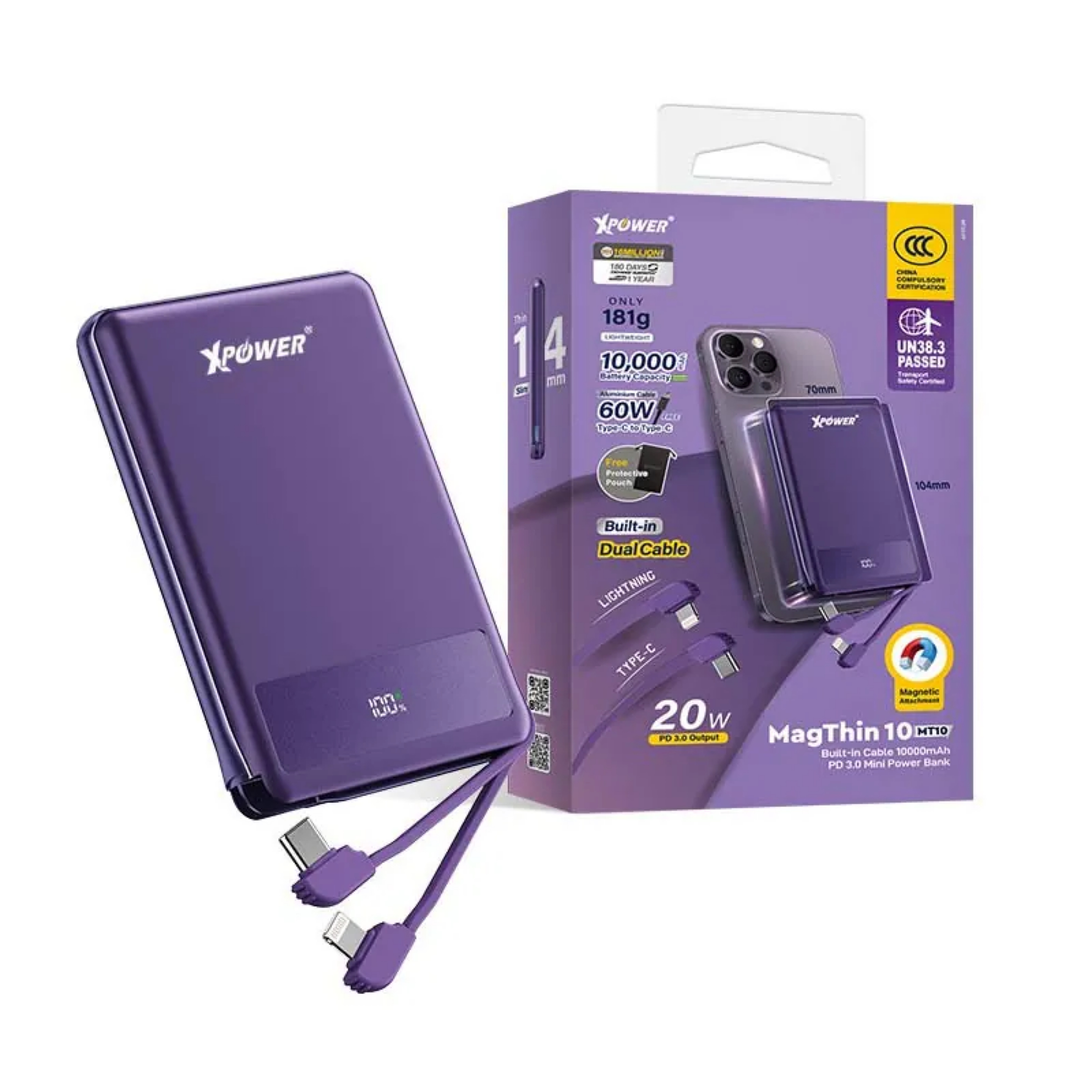XPower MagThin 10 MT10 10000mAh PD3.0 數顯內置雙線移動電源 (CCC 認證可追溯二維碼)