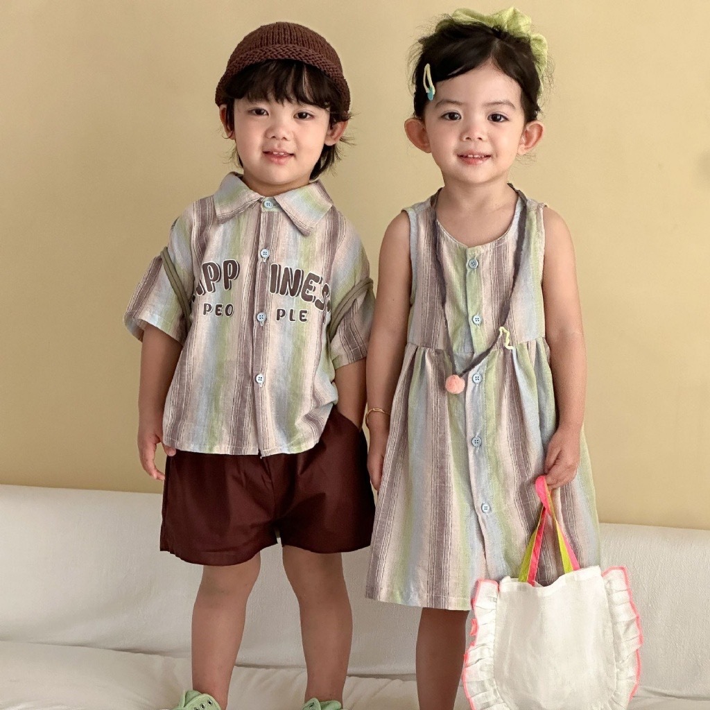 摩卡彩條兄弟姐妹連身裙 / 套裝