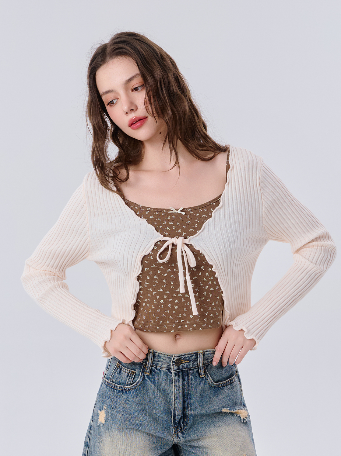 兩件式坑條碎花上衣