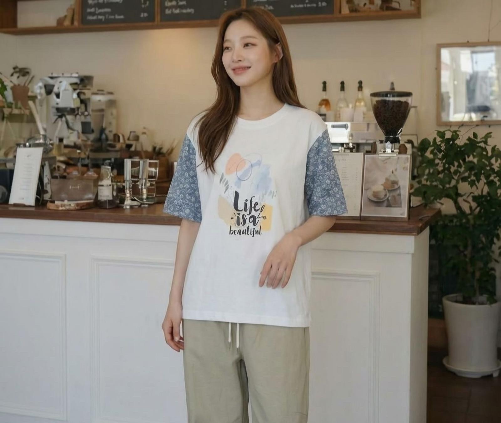 韓國拼碎花袖top ～153AH