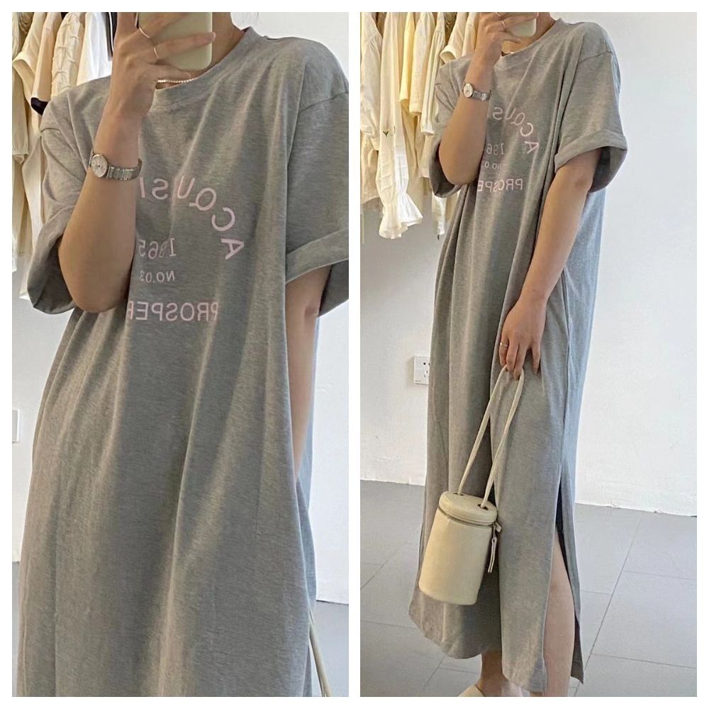 【ASister 小姊姊】AS0030#休閒洋裝☆*韓款文青系*加大尺碼寬鬆顯瘦中長版連身裙(灰色 M-4XL)