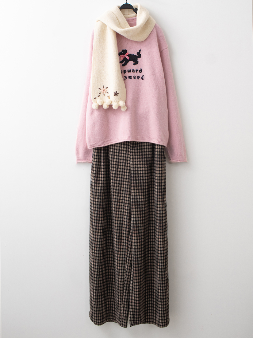 自然捲邊針織毛衣磨毛格紋打褶直筒長褲組合