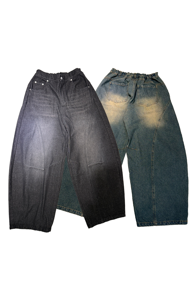 韓國復古水洗彎刀牛仔褲