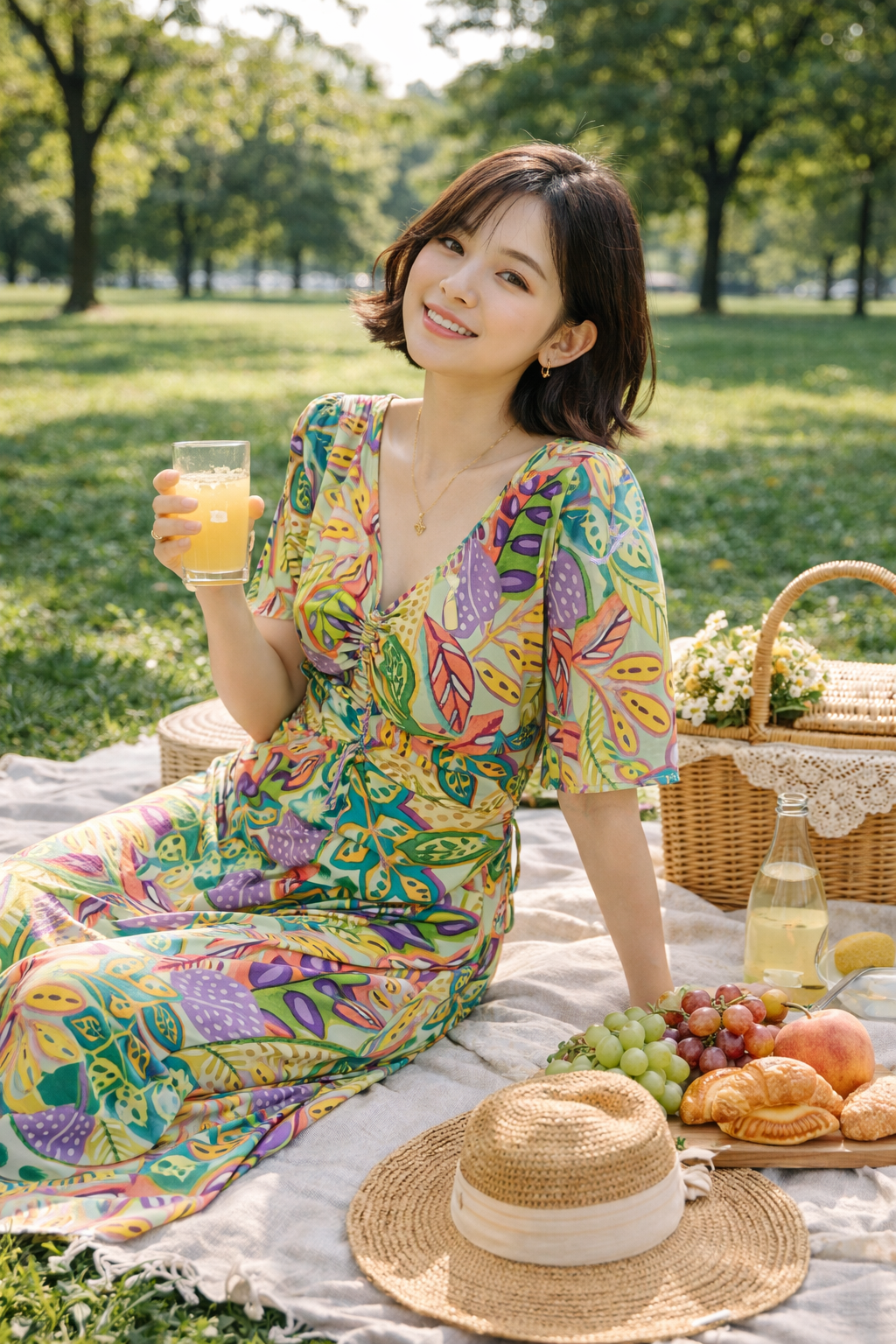 BD10137E1 奇幻彩葉V領收腰五分袖長洋