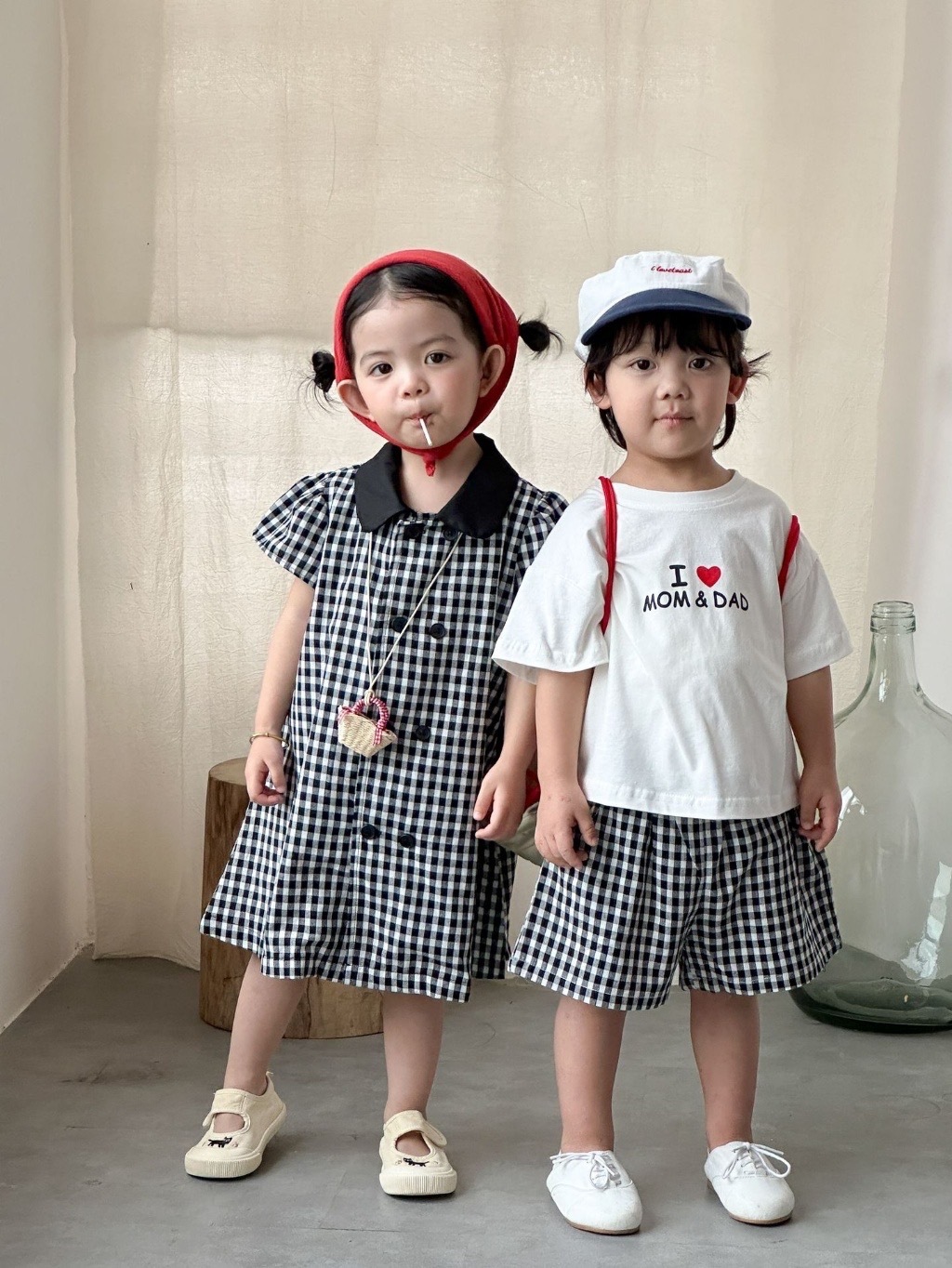 簡約格紋兄弟姐妹連身裙 / 套裝