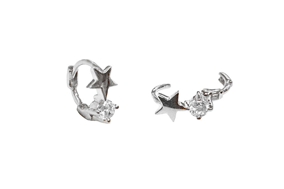 K金星星單鑽小圈易扣式耳環 (白K金)