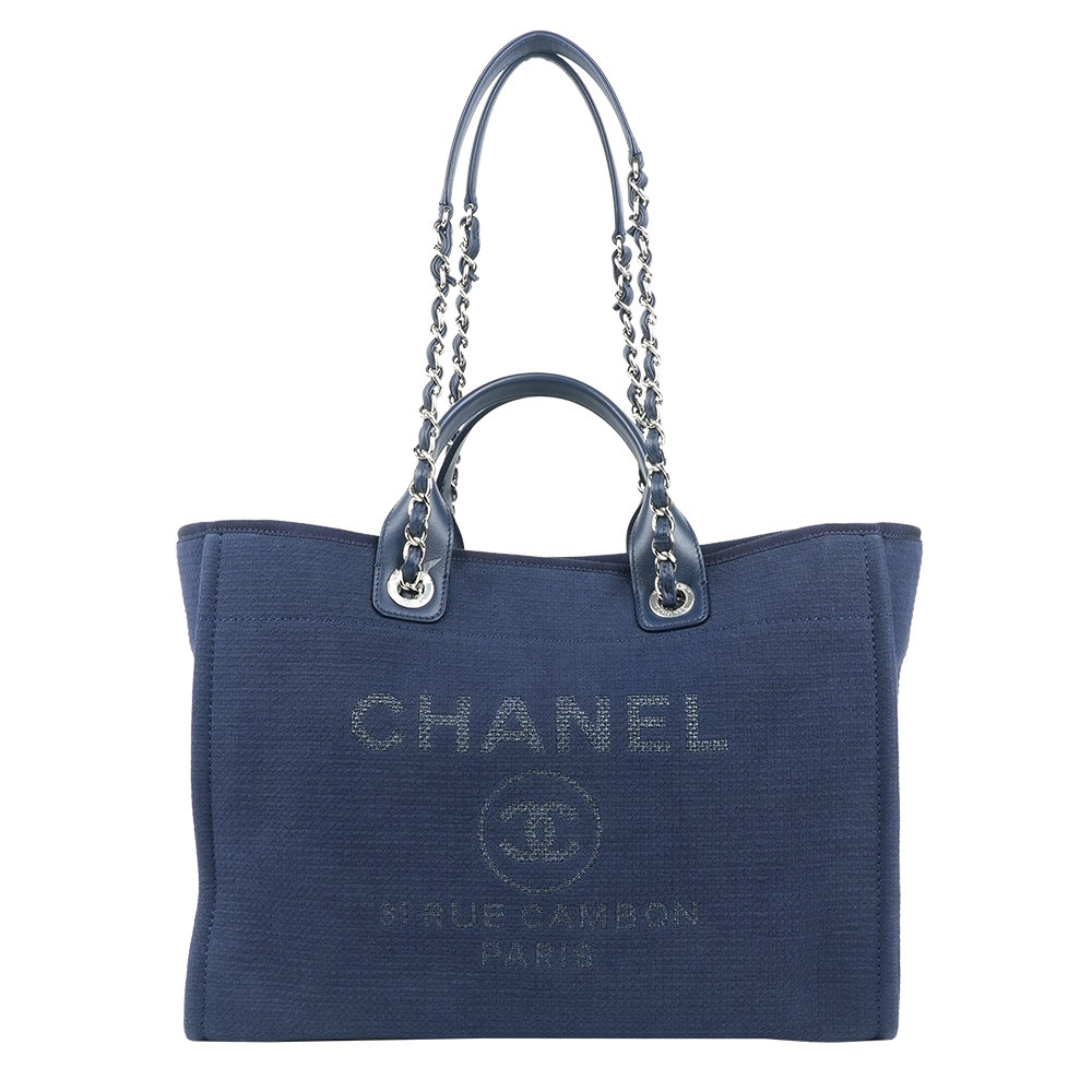 【CHANEL】Deauville GM 編織標誌大款沙灘包/購物包(深藍色)