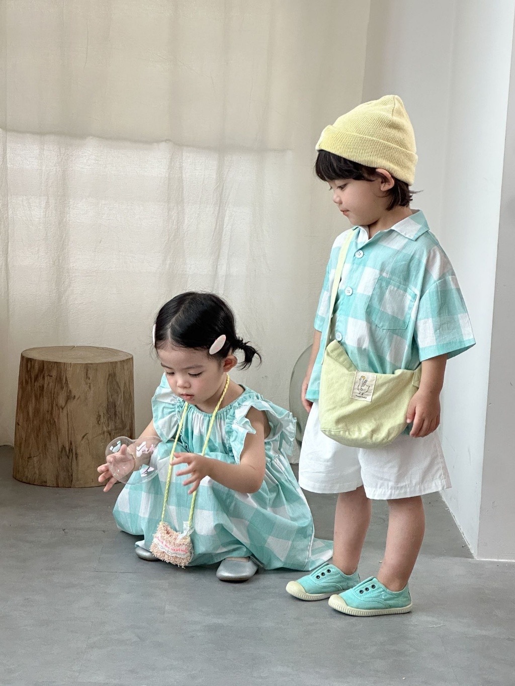 水藍格紋兄弟姐妹連身裙 / 套裝