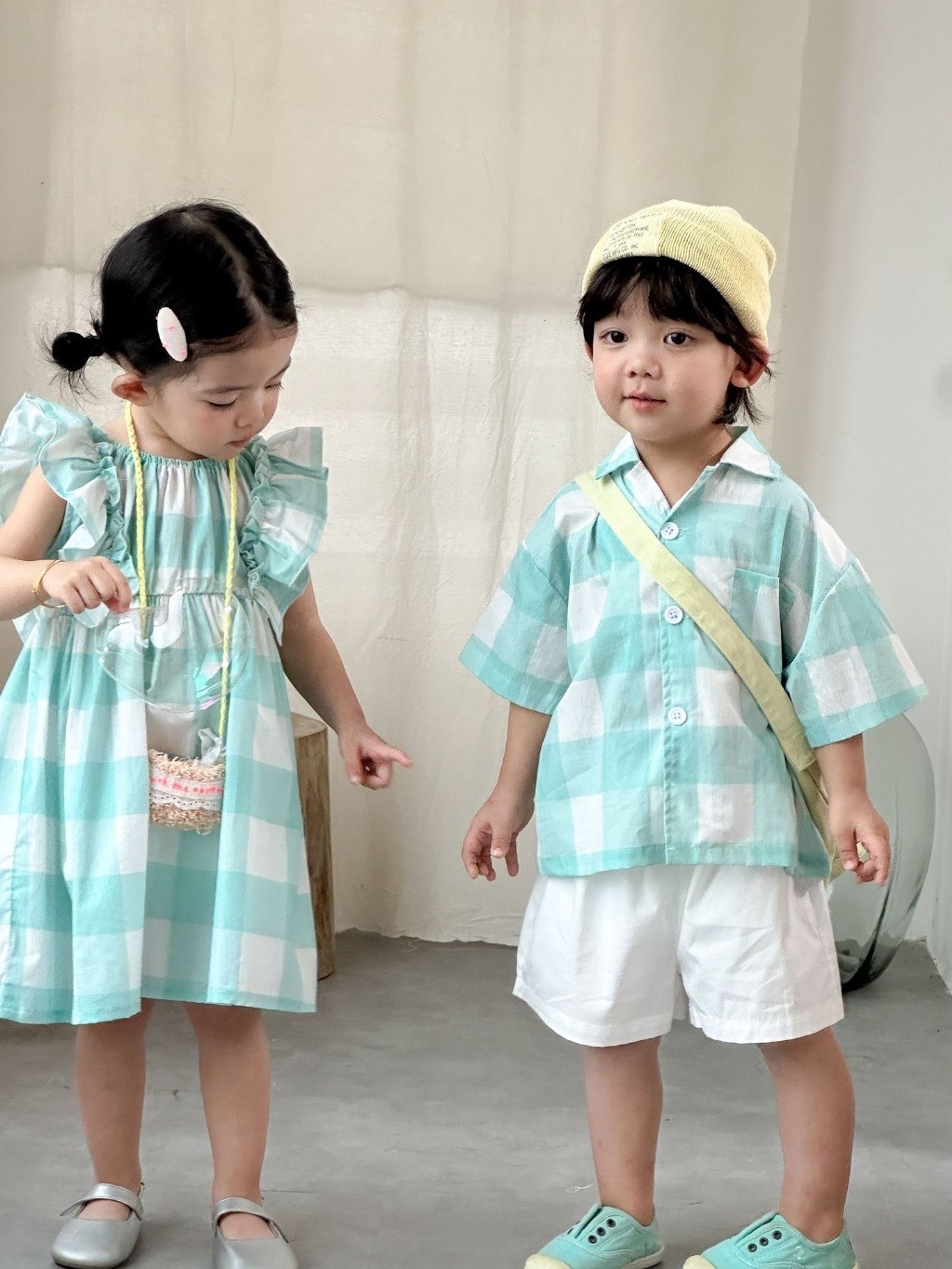 水藍格紋兄弟姐妹連身裙 / 套裝