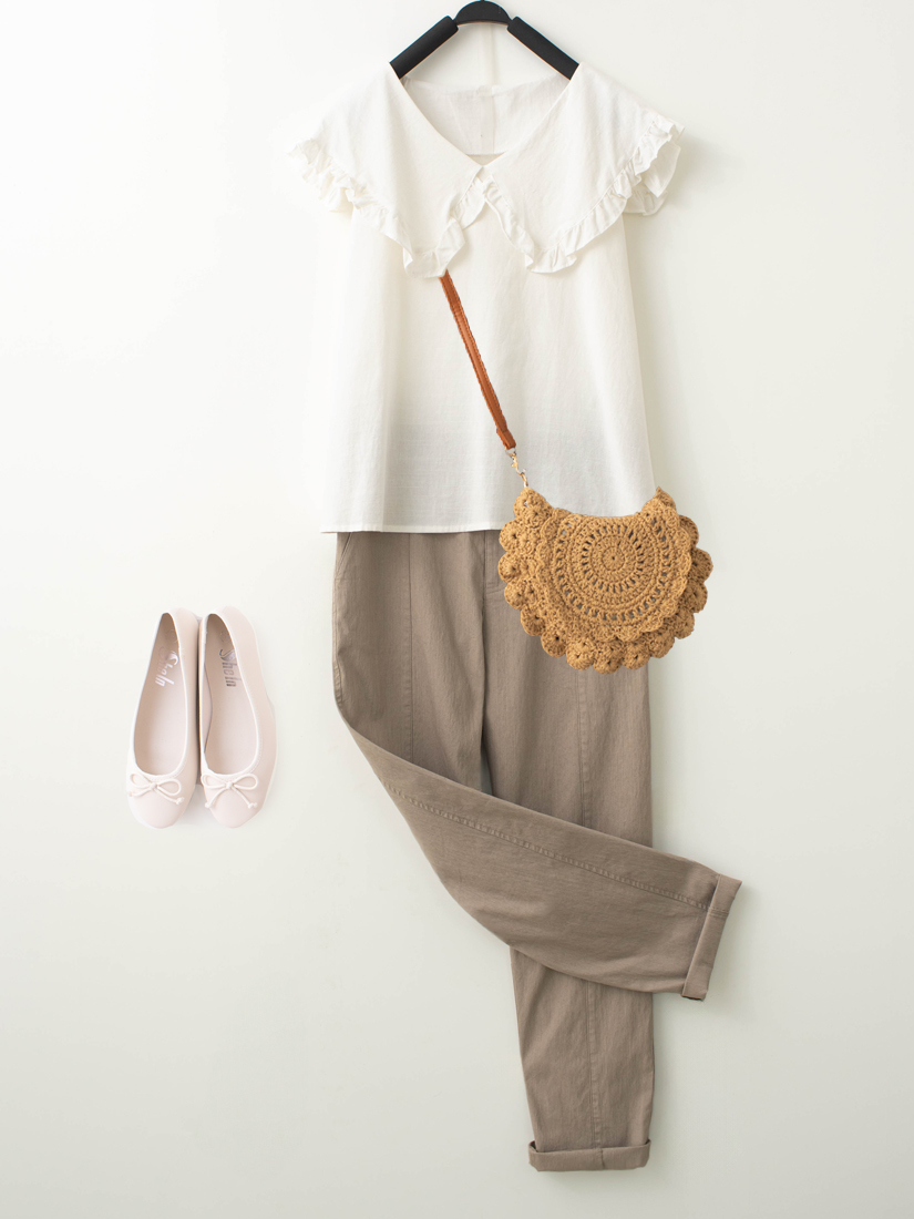 荷葉領片無袖上衣貓咪口袋竹節棉褲組合