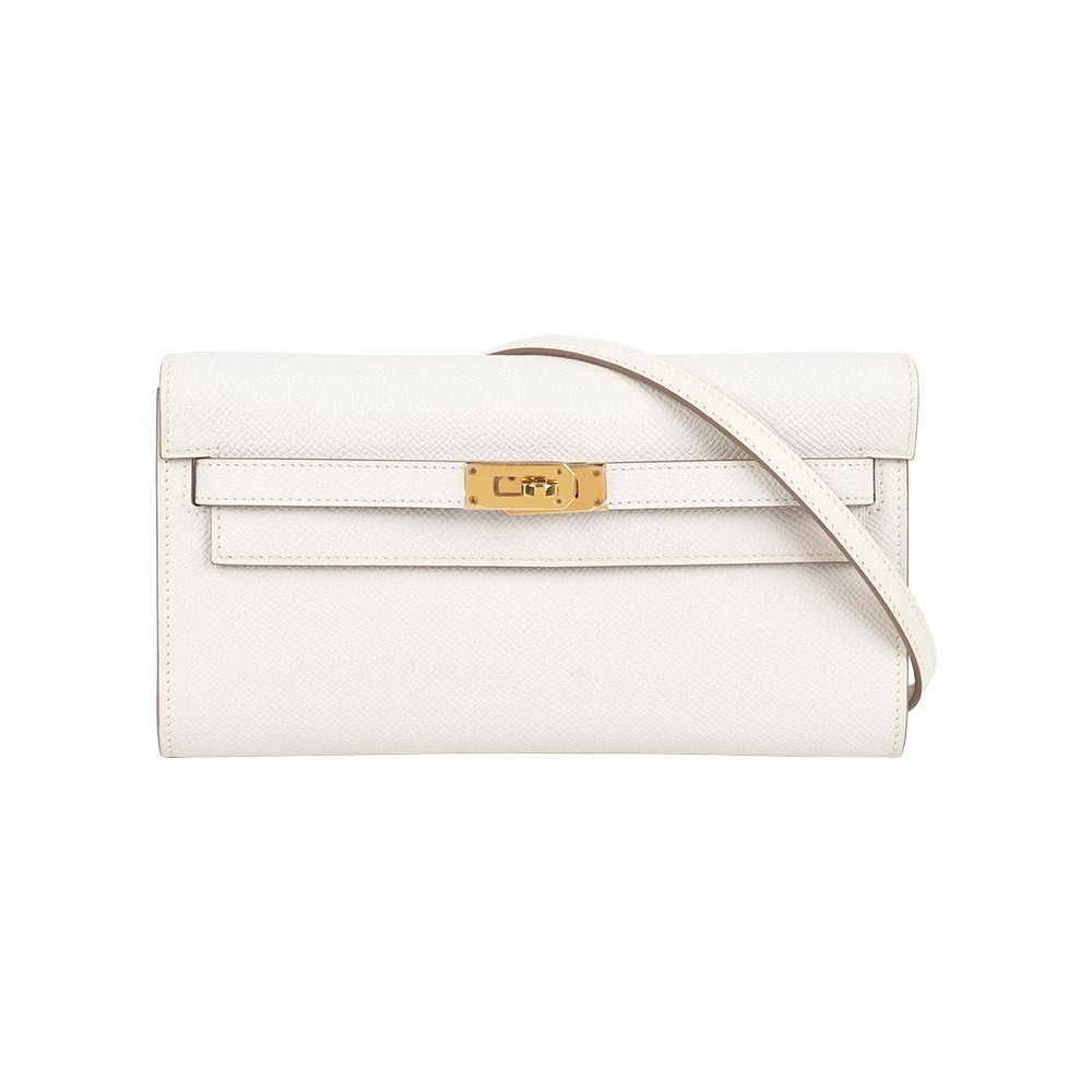 【Hermès】金釦 Epsom皮 Kelly To Go 皮夾式斜背包(奶灰色)