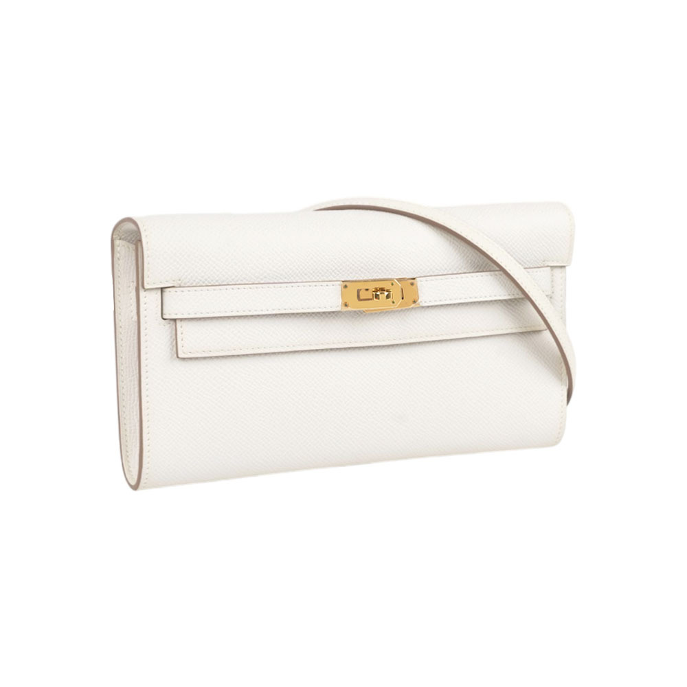 【Hermès】金釦 Epsom皮 Kelly To Go 皮夾式斜背包(奶灰色)