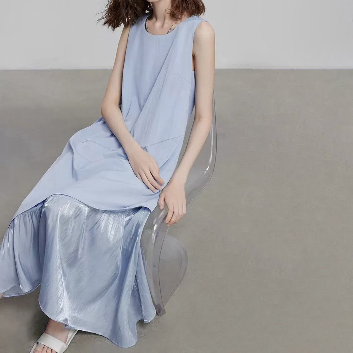 拼接光澤魚尾裙擺造型方領長洋裝 / 3色