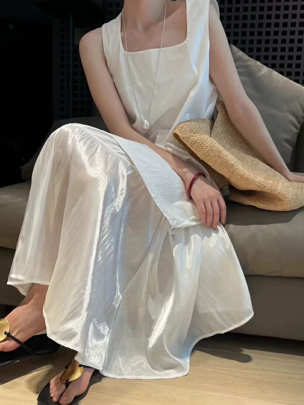 拼接光澤魚尾裙擺造型方領長洋裝 / 3色