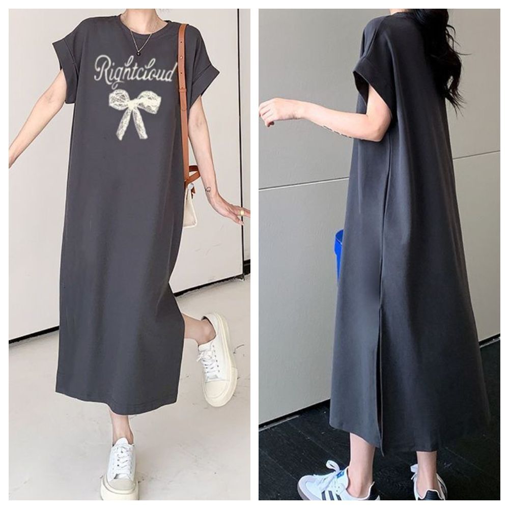 【ASister 小姊姊】AS1391#休閒洋裝☆切袖*蕾絲蝴蝶結x字母*加大尺碼中長版連身裙(M-4XL)