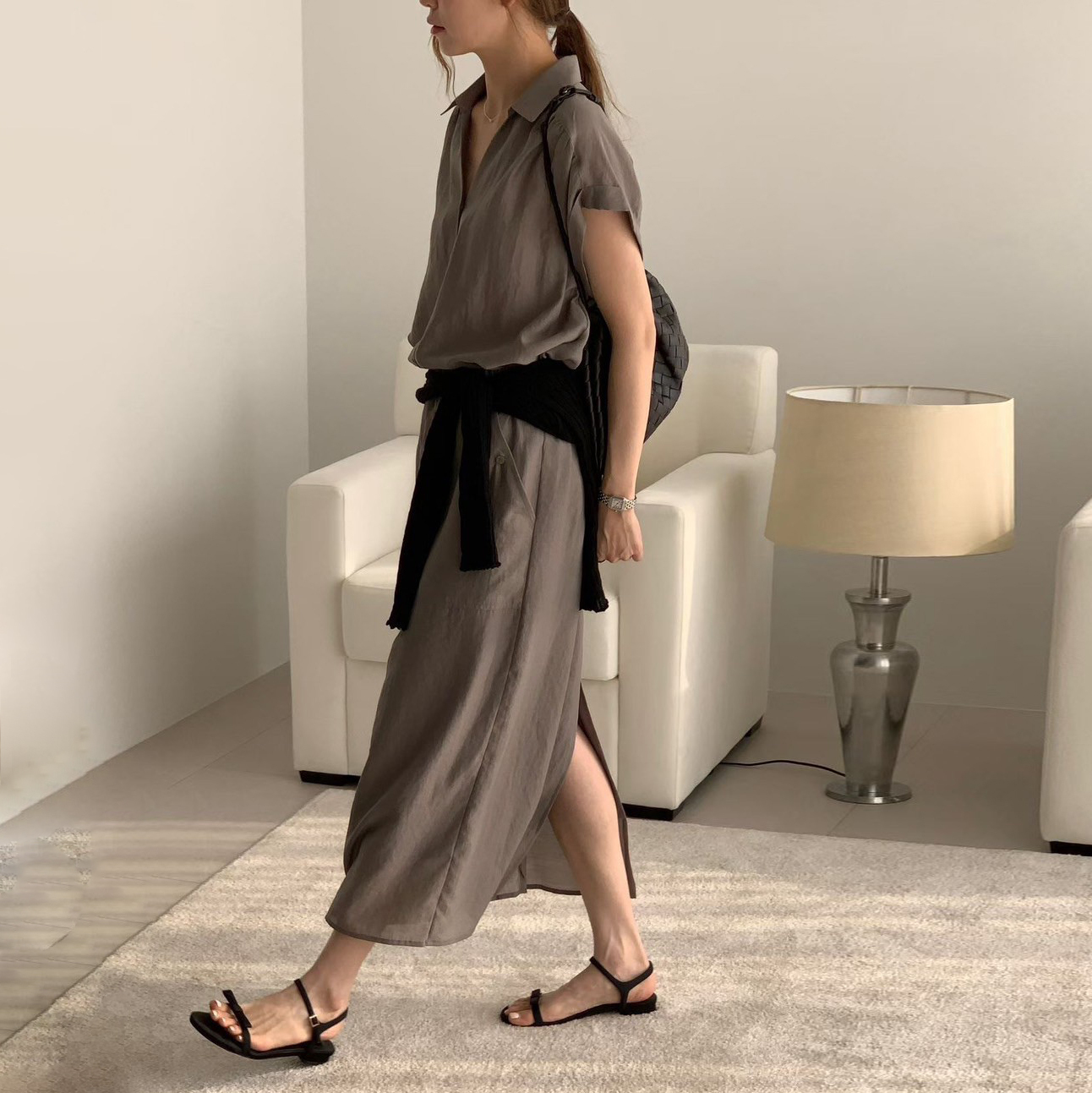 綁帶收腰造型翻領排釦後開衩長洋裝 / 3色