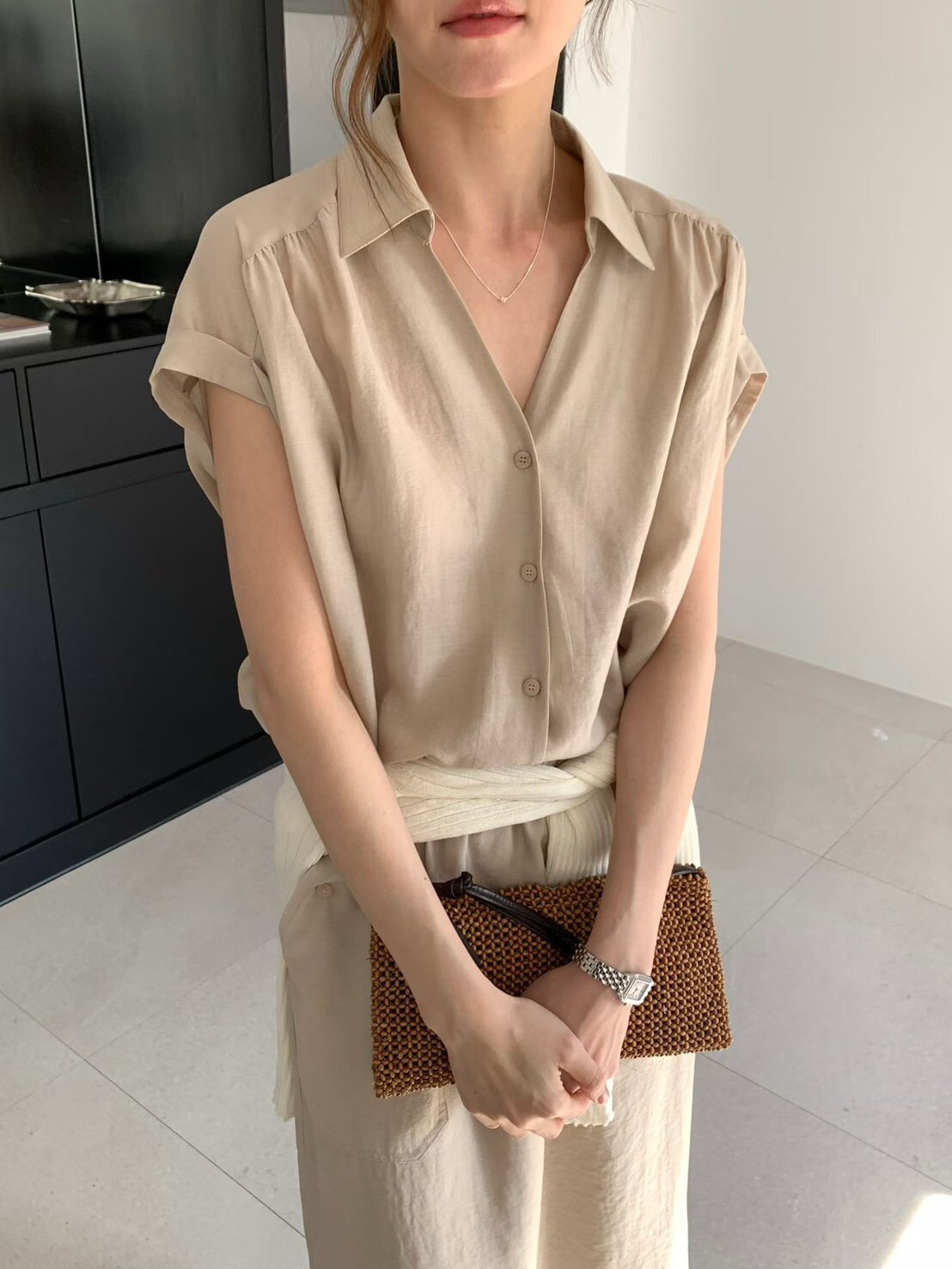 綁帶收腰造型翻領排釦後開衩長洋裝 / 3色