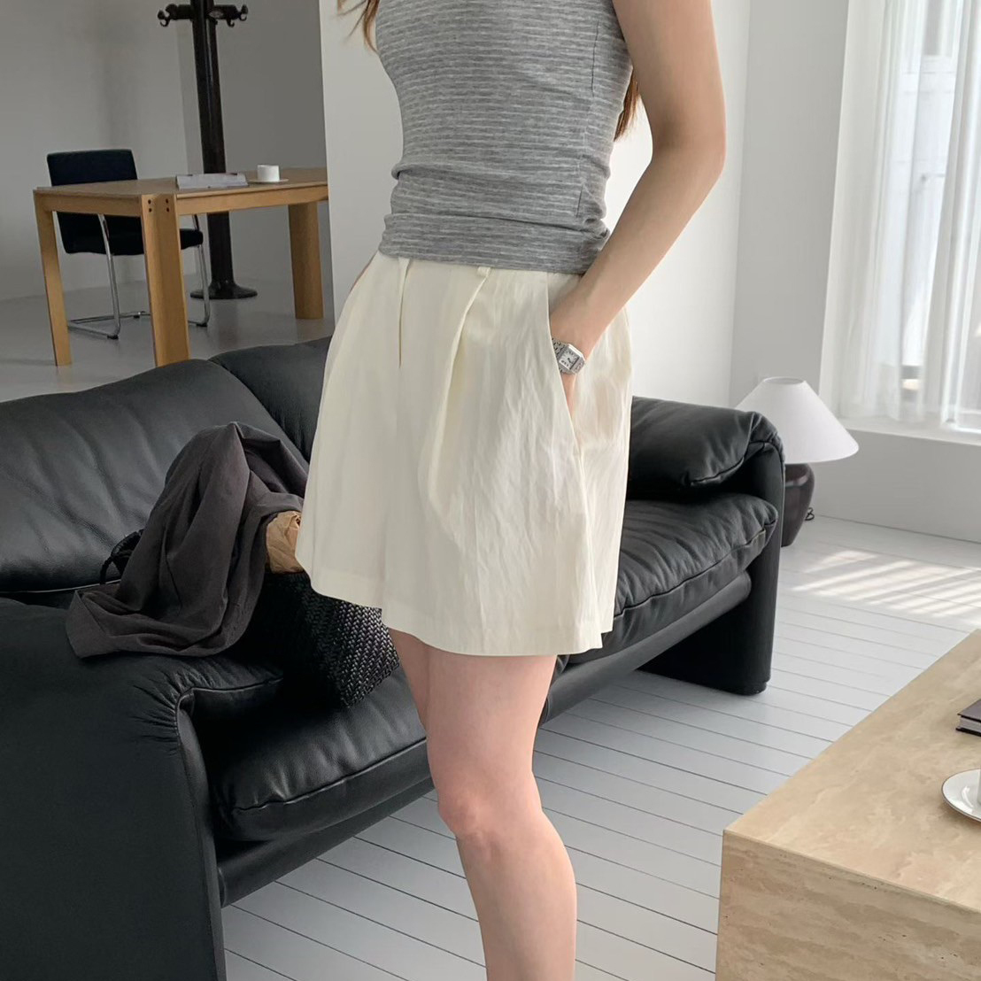 後腰鬆緊打摺造型棉麻短褲-S-M / 4色