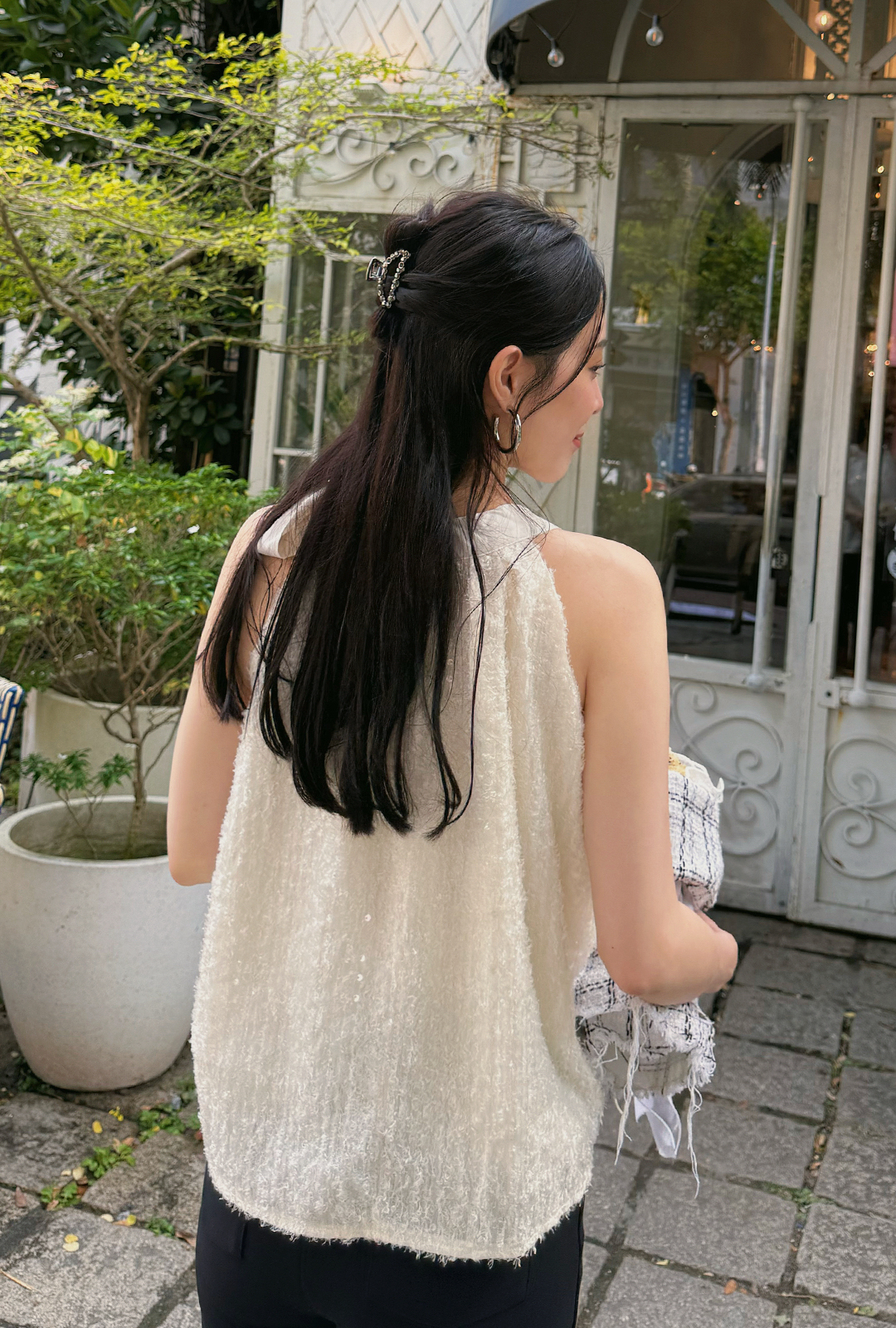 A2936-亮片羽毛側綁帶上衣