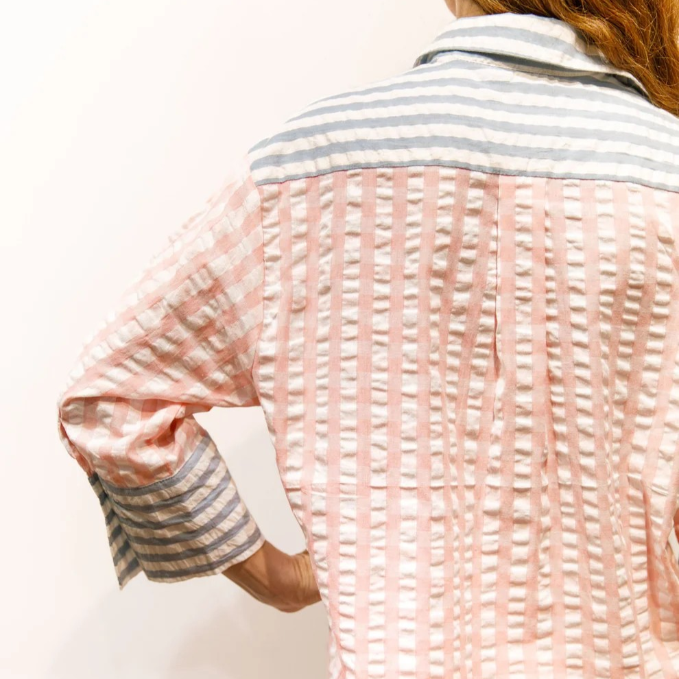 1BB0327-037 [BRIGITTE BARDOT] Chouchou Striped and Gingham Seersucker Shirt Pink #122611000 (EU)