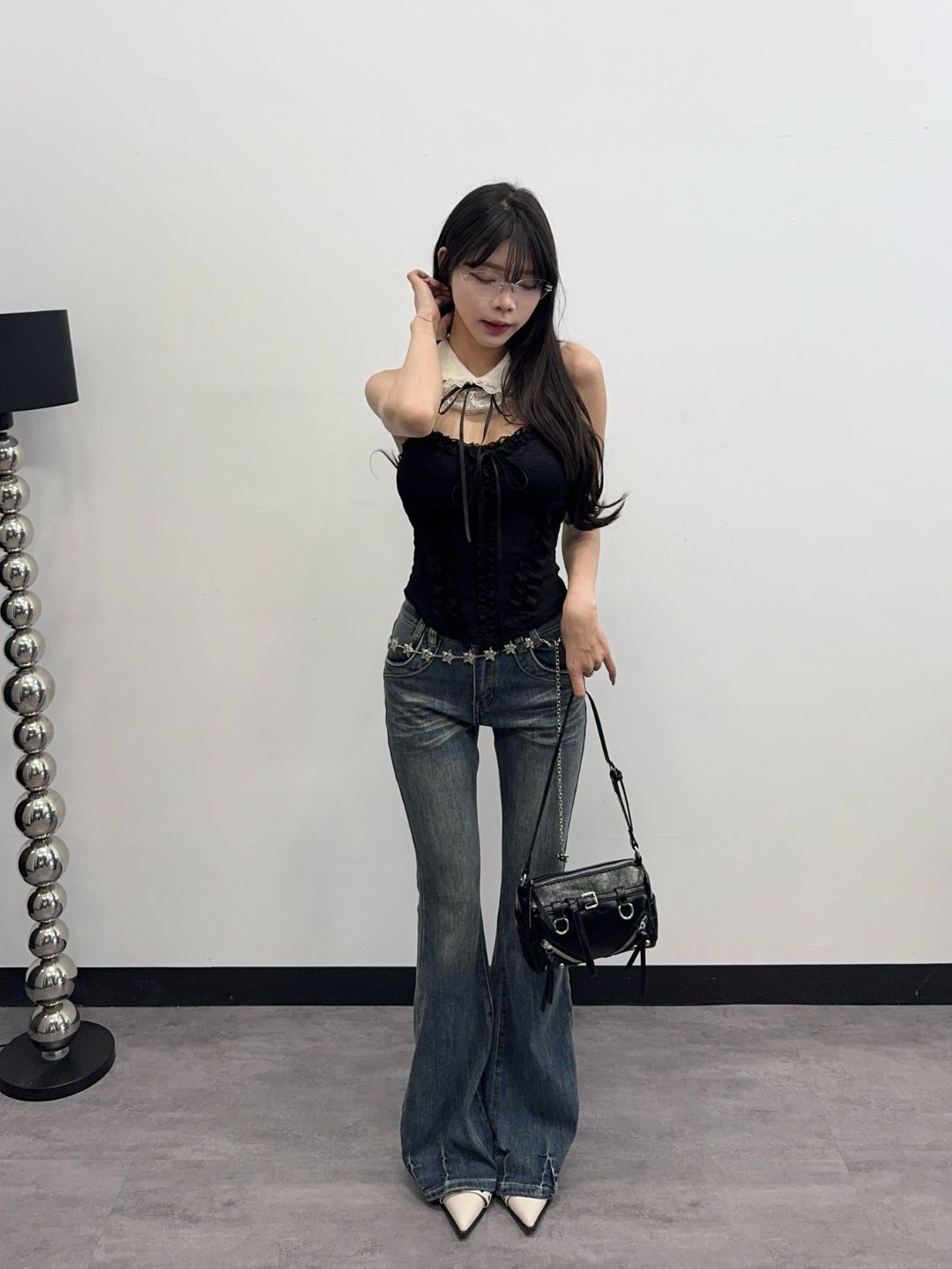 龜裂紋抓痕刷色牛仔喇叭褲