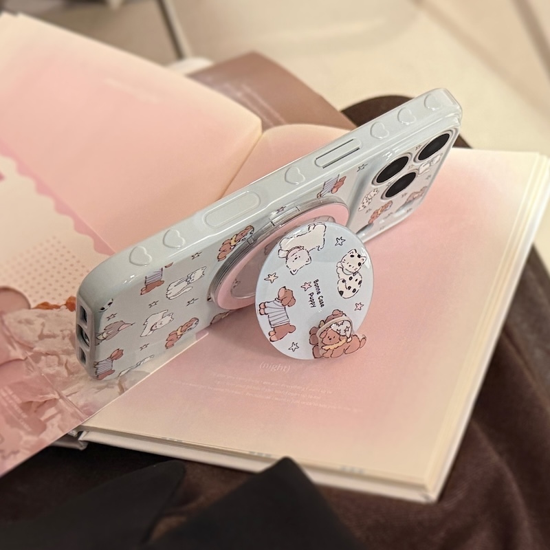 《03273》淺藍多狗狗貓貓辭吸支架手機殼