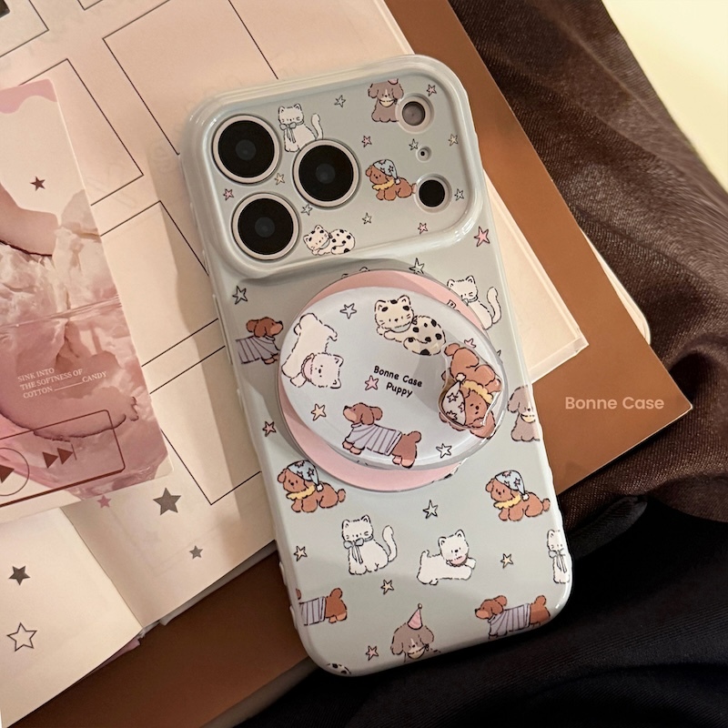 《03273》淺藍多狗狗貓貓辭吸支架手機殼