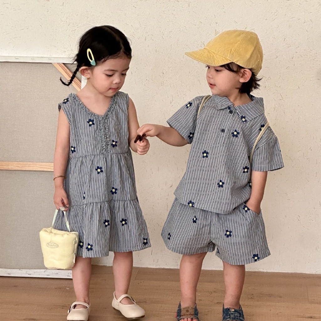 花朵條紋兄弟姐妹連身裙 / 套裝