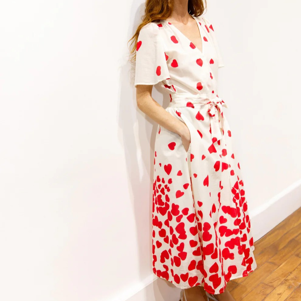 1BB0327-041 [BRIGITTE BARDOT] Mademoiselle Hearts Print Midi Dress White #182611000 (EU)
