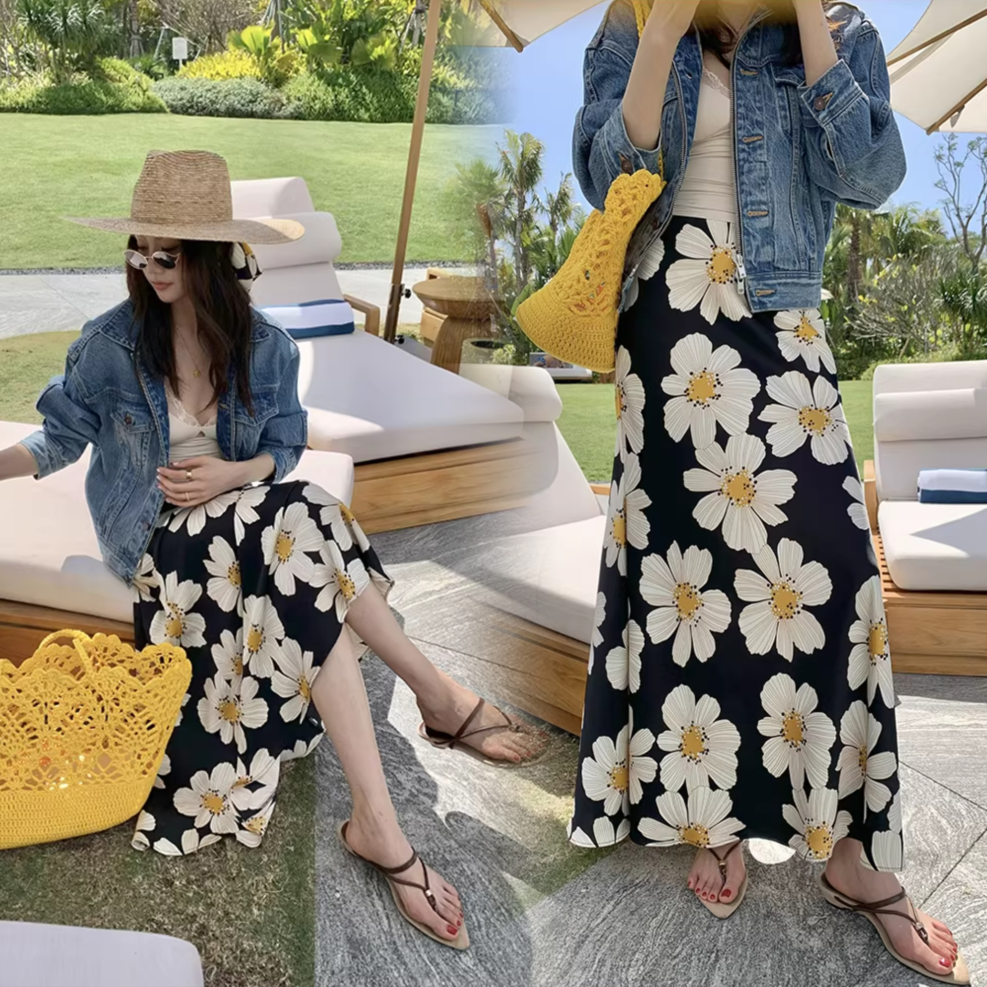 經典黑可愛小雛菊圖案魚尾長裙-S-XL (Elegant & Love)