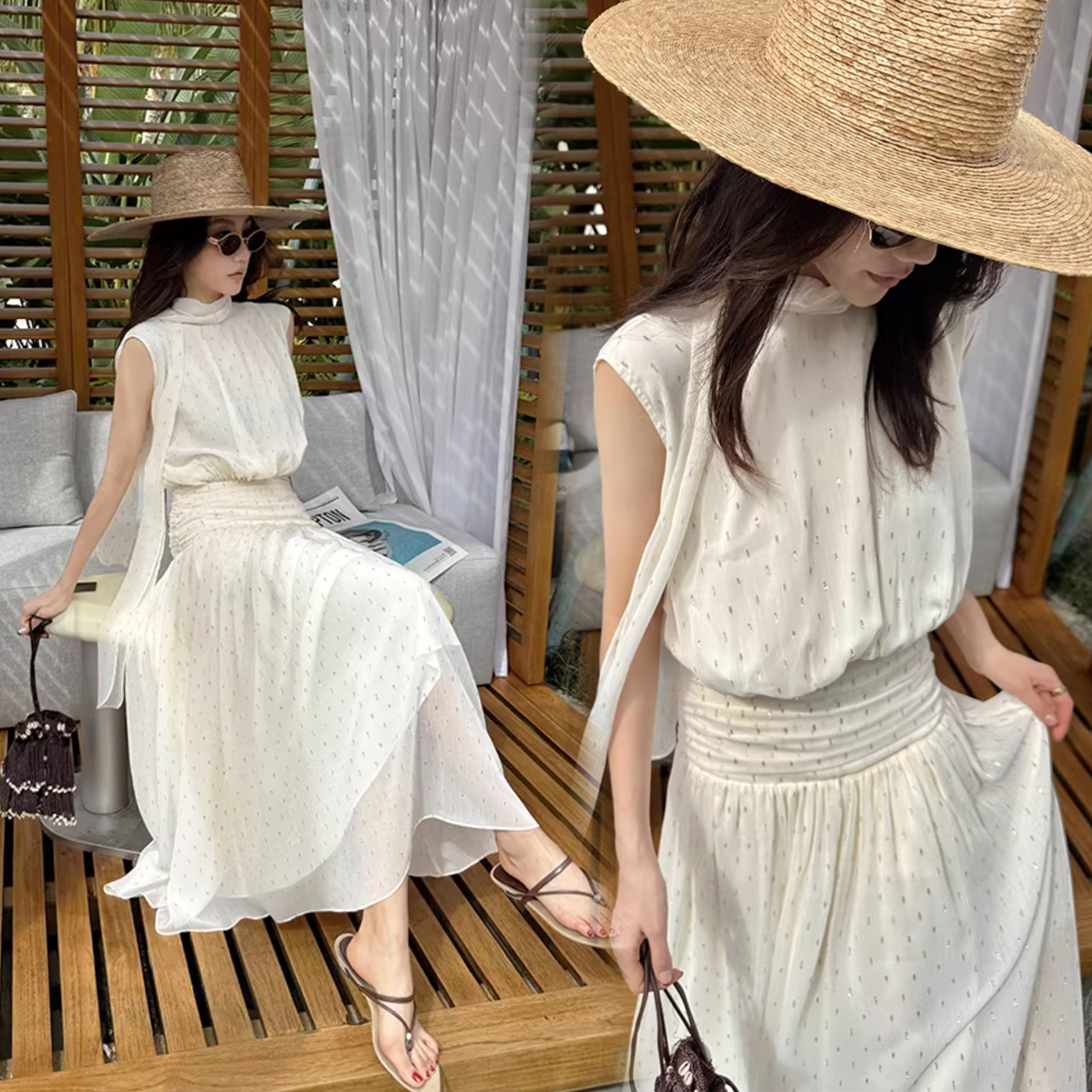 雲朵白浪漫領巾收腰圖騰傘擺長洋裝-S-XL (Elegant & Love)