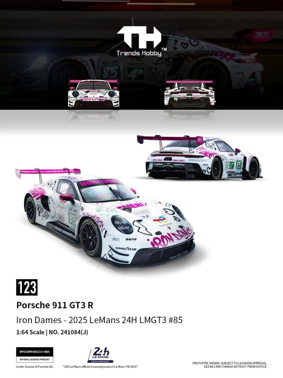 PO-$130 * TRENDS HOBBY * 1:64 PORSCHE 911 GT3 R LEMANS 24H LMGT3 2025 IRON DAMES