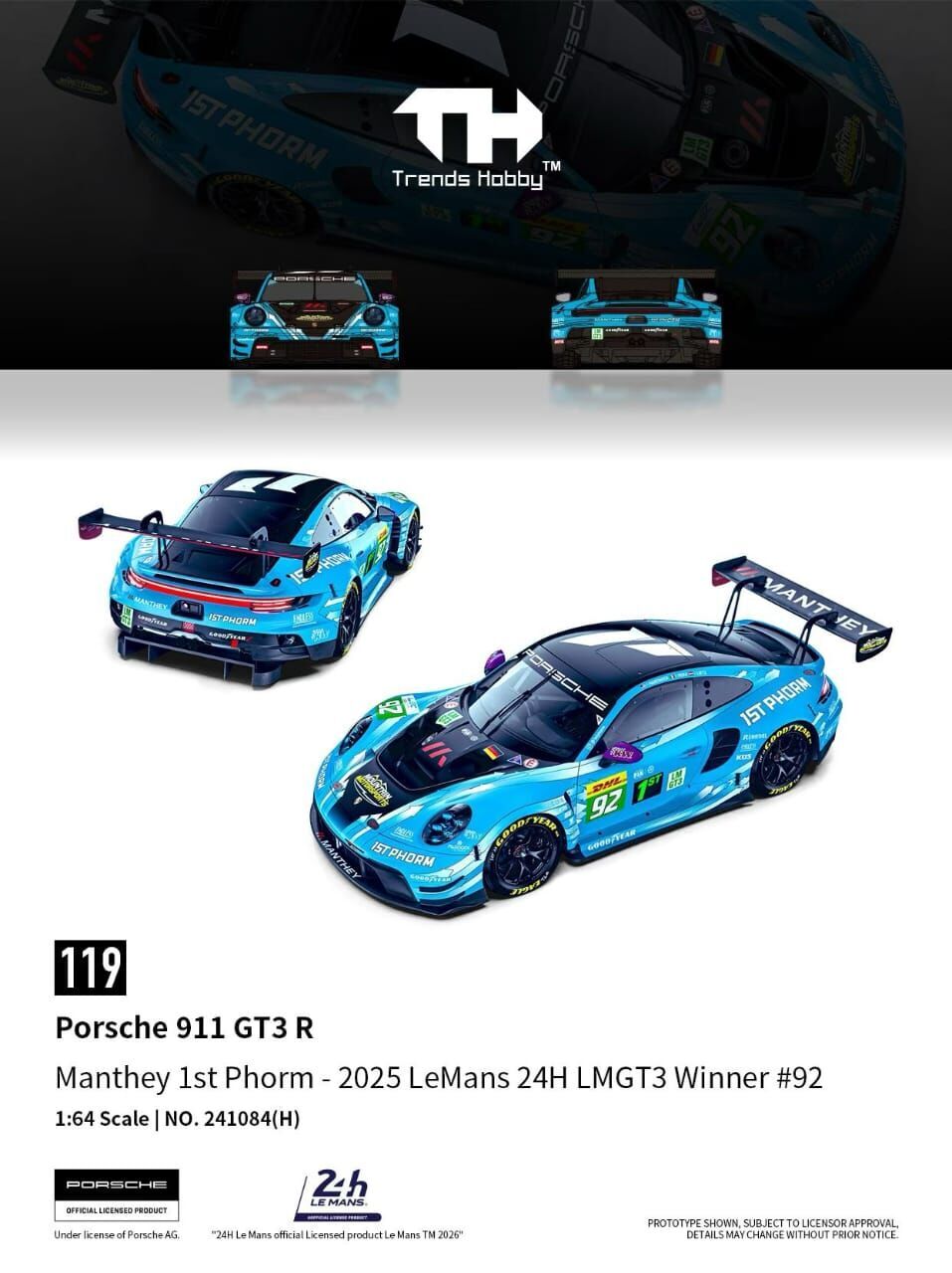 PO-$130 * TRENDS HOBBY * 1:64 PORSCHE 911 GT3 R LEMANS 24H LMGT3 2025 MANTHEY 1ST PHORM