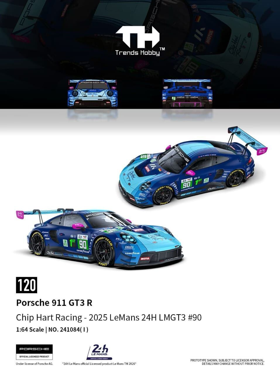PO-$130 * TRENDS HOBBY * 1:64 PORSCHE 911 GT3 R LEMANS 24H LMGT3 2025 CHIP HART RACING