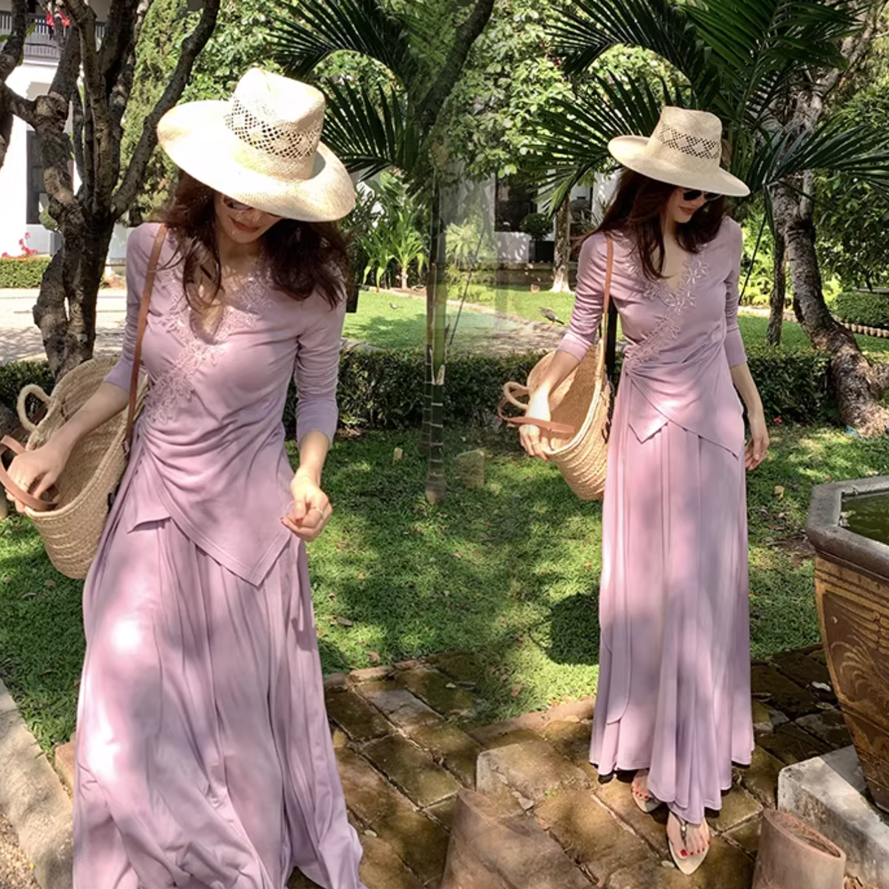 交疊V領花朵滾邊綁帶造型上衣+長裙SET-S-XL (Elegant & Love)