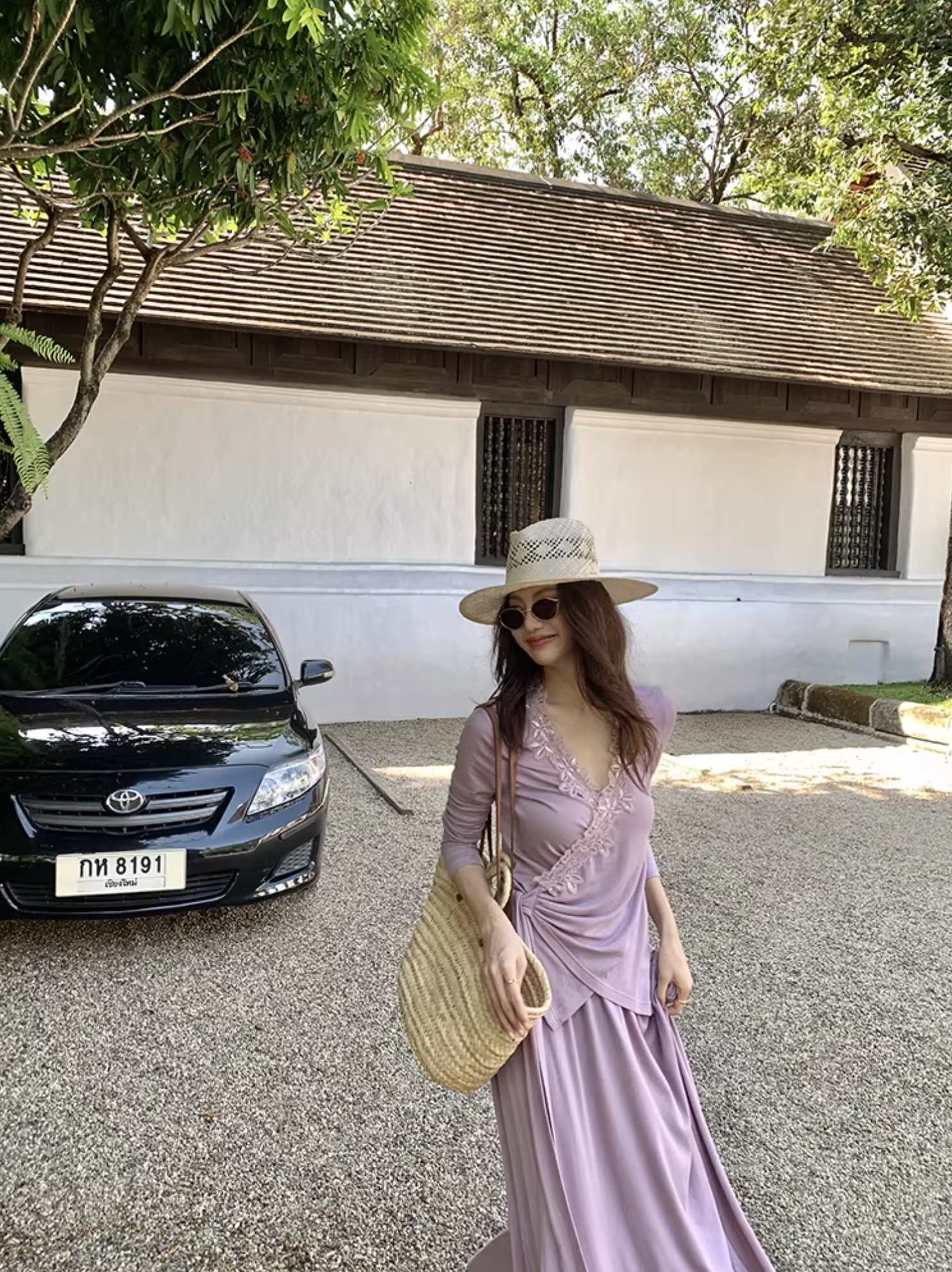 交疊V領花朵滾邊綁帶造型上衣+長裙SET-S-XL (Elegant & Love)