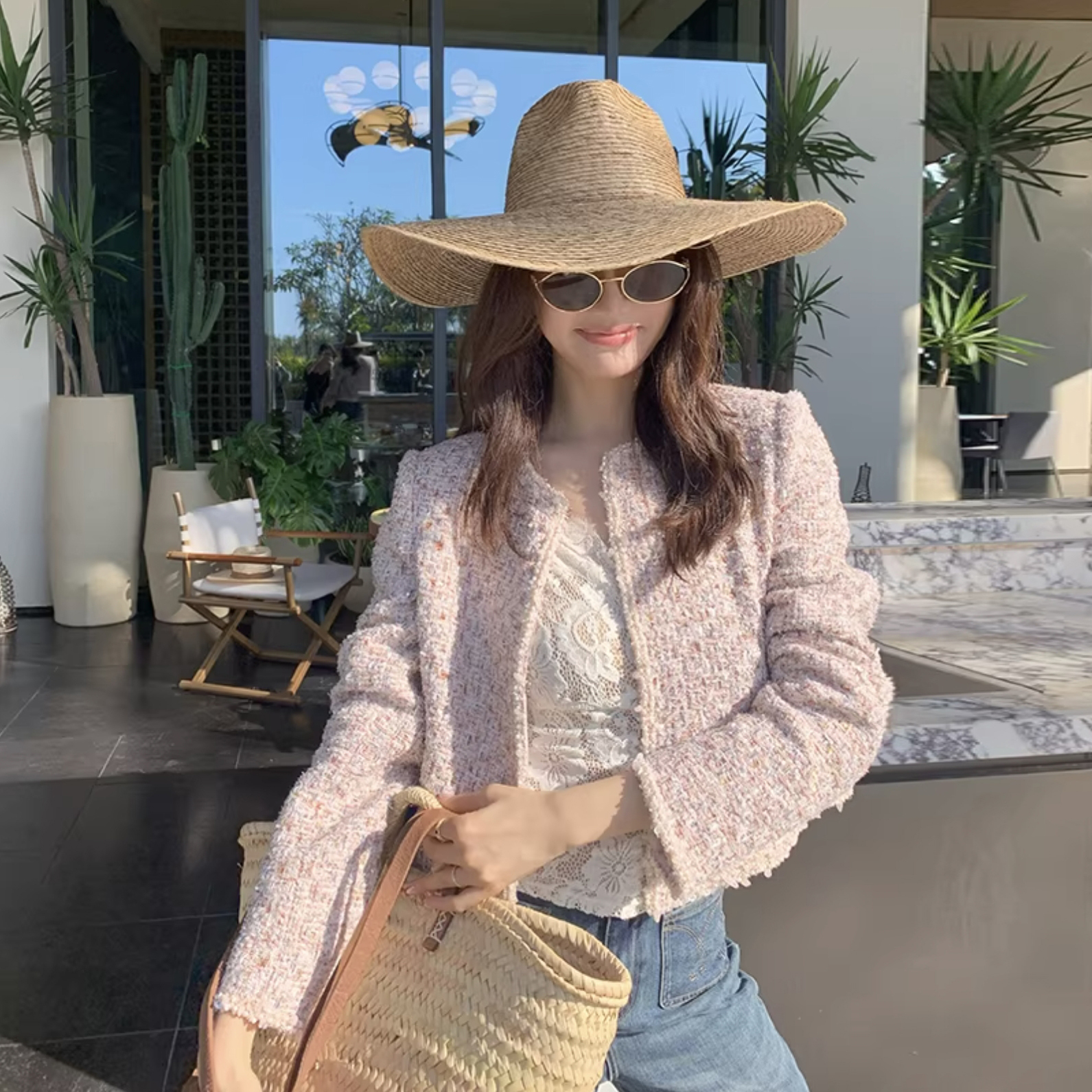 草莓粉微閃亮粉圓領開襟小香外套-S-XL (Elegant & Love)