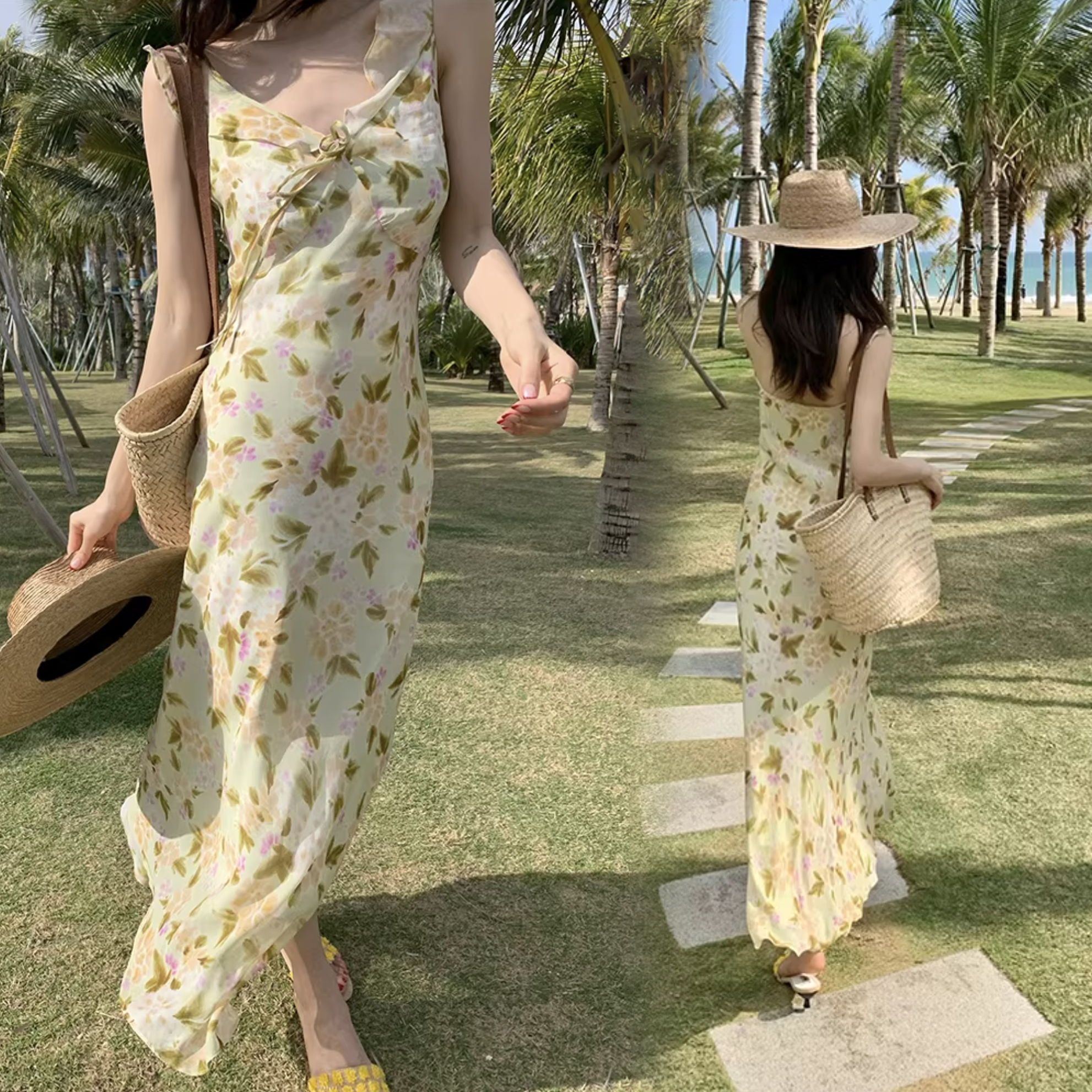 檸檬黃花朵V領綁帶蝴蝶結度假長洋裝-S-XL (Elegant & Love)