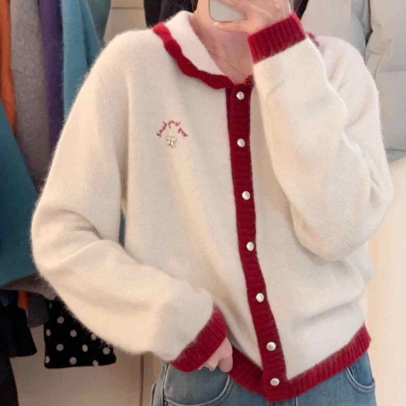 Doll Collar Bow Embroidered Letter Knit Cardigan