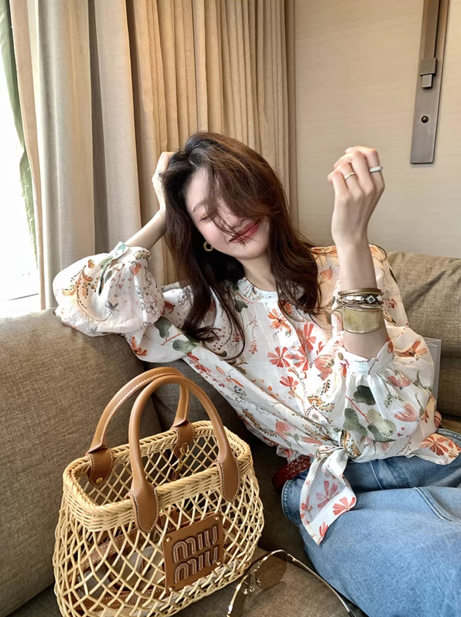 亮眼配色樹葉花朵圖騰圓領排釦上衣-S-L / 2色 (Elegant & Love)