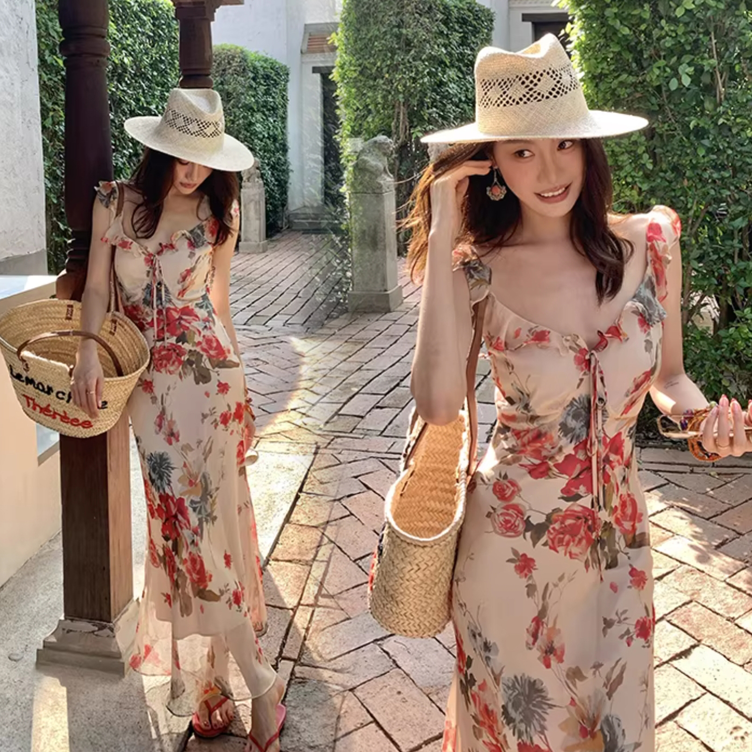 浪漫配色花朵荷葉滾邊綁帶長洋裝-S-XL / 2色 (Elegant & Love)