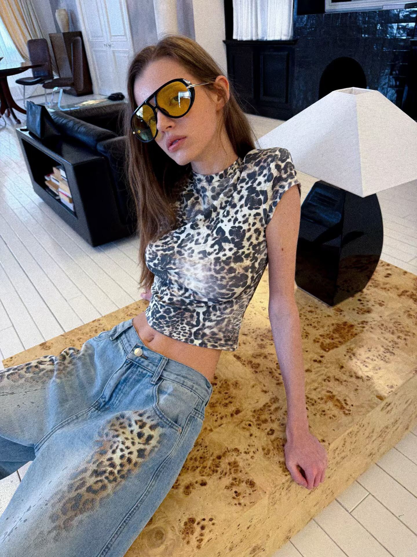 豹紋小袖貼身輕薄T